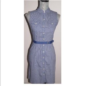 A blue and white plaid vintage sheath dress complete with a dark blue belt!